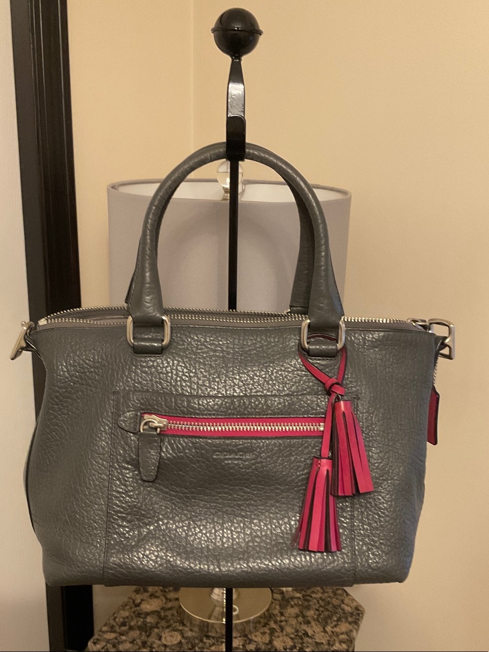 Coach Gray Leather Satchel with Pink Tassel Accents